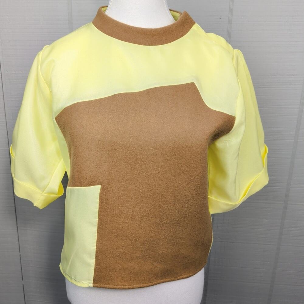 NWT Making The Cut Womens Top Colorblock Patchwork XS Yellow Brown Wool Blend